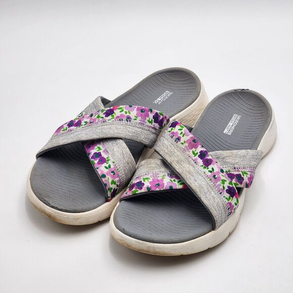 Skechers Go Walk Flex Gray Multi Blossom Slide Sandals Size 10 - Picture 3 of 12